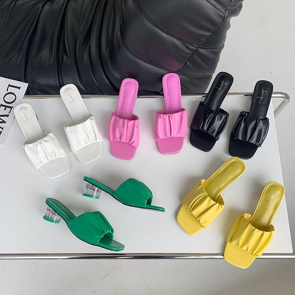 

slippers women open toe candy color shallow slides clear mid heels summer ladies sandals flip flops slip on pumps 35-39, Black