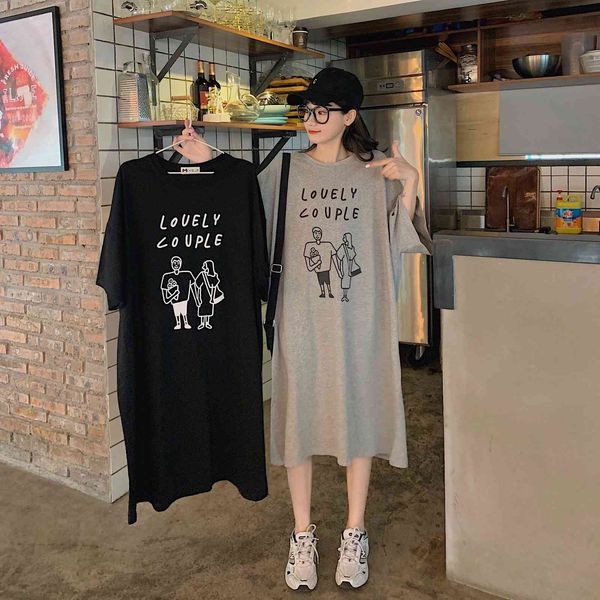 

dresses korean simple oversized women's t-shirt sketch figure large version student casual dress versatile medium and long skirt, Black;gray
