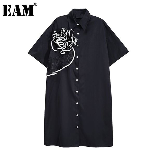 

[eam] women black big size spliced flowers dress round neck short sleeve loose fit fashion spring summer 1dd8172 210512, Black;gray