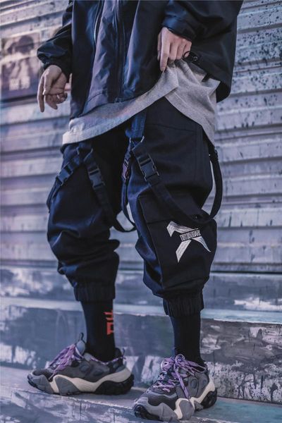 

men streetwear black cargo pants with strap men's