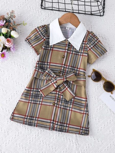

toddler girls plaid belted contrast collar dress she, Red;yellow
