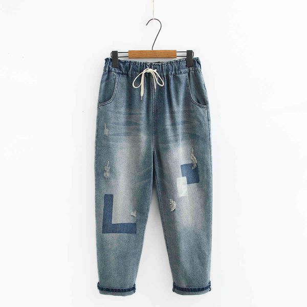 

jeans five xl vintage-waisted plus size torn jeans femme hare loose boyfriend brim pants for woman streetwear, Blue