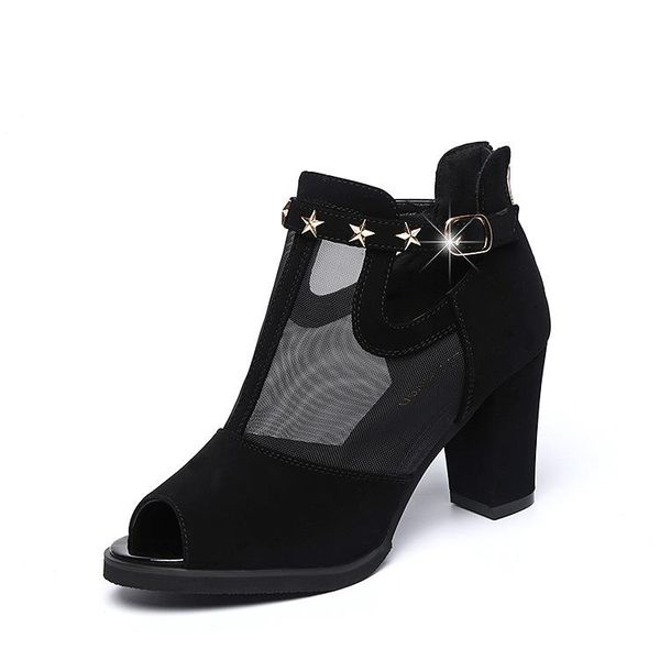 

women mesh high heels shoes black ladies open-toe pumps thick rivet party wedding chunky sandals
