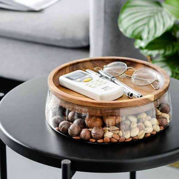 

wooden high-end fruit tray dried dessert round shape tableware double-layered glass candy box storage containers bottles & jars