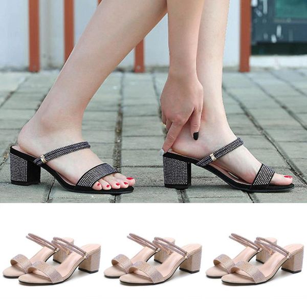 

womail shoes summer fashion crystal sandals thick-heeled open-toed beach women 2021 buty damskie sandalia feminina a01, Black