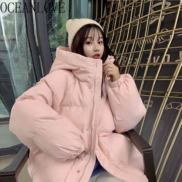 Spessore caldo donna Parka Kawaii carino rosa solido giacche invernali con cappuccio cerniera giapponese allentato Mujer Chaqueta 19236 210415