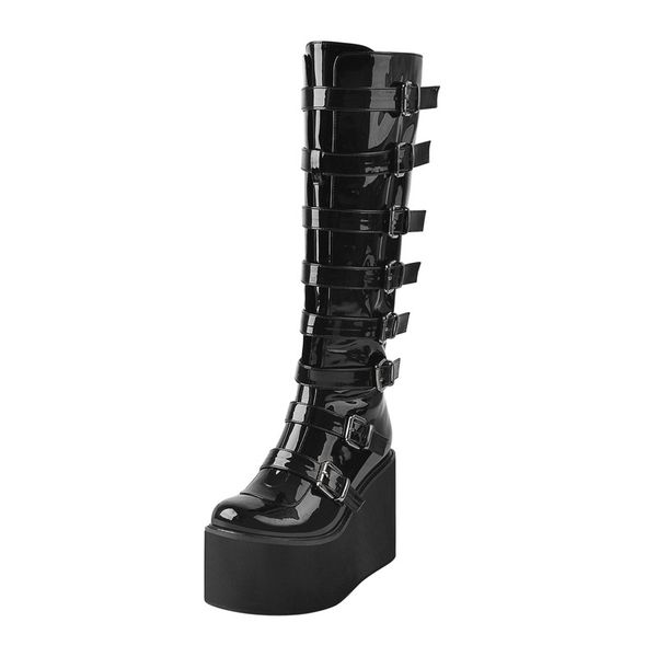 

platform round toe black patent leather wedges heels side zip knee high boots big size us5us15