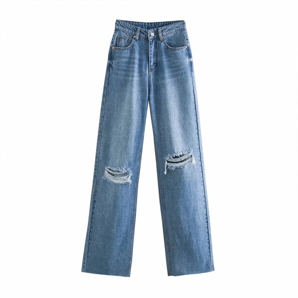 Moda Hight-Weather-Wise Long Long Length Jeans Vintage Rasgado Buraco Hi-Rise Jeans Zipper Fly Feminino Calças Mujer 210520