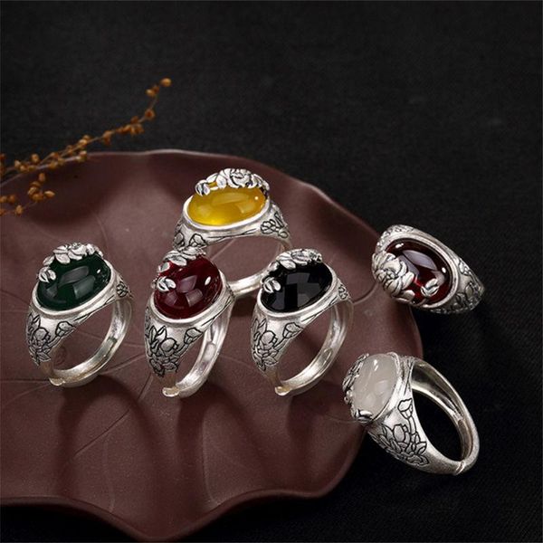 

natural hetian chalcedony lotus classical adjustable ring chinese style retro elegant unique craft charm women's jewelry cluster rings, Golden;silver