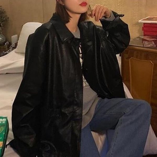 

vintage black leather jacket women thin loose moto female 2021 spring fashion streetwear lady outerwear biker coat women's & faux