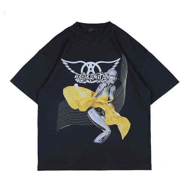 

men's t-shirts spring and summer fashion brand kongshanji wing oil painting portrait printing washed short sleeve t-shirt men uxc7, White;black