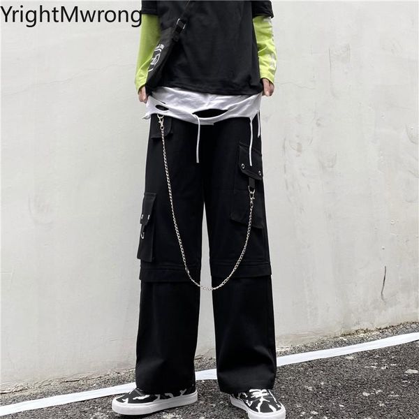 

teenager woman man japanese techwear streetwear harajuku hip hop metal chain pocket punk cargo trouser fashion black pant korean men's