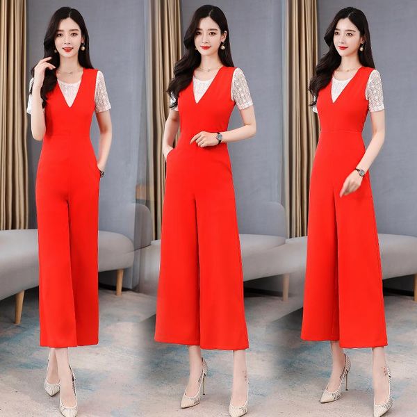 

women's tracksuits 2021 summer two piece jumpsuit sets women lace t shirt+v-neck sleeveless set 2 rompers suits, Gray