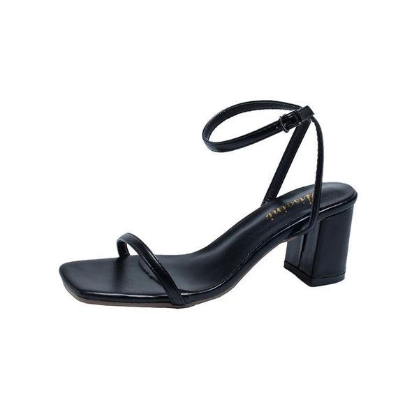 

women sandals 2021 summer thick heel ankle strap casual woman's square shoes, Black