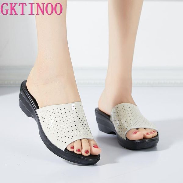 

slippers gktinoo women sandals comfortable geuine leather fashion women's casual shoes summer plush size 35-42, Black