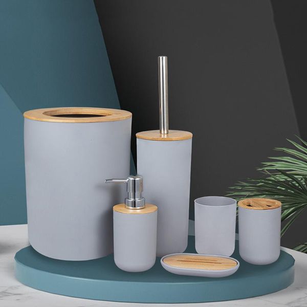 

bath accessory set 6pcs bathroom multi-function bamboo wood trash can portable soap box toilet brush cleaning tools accessories sets