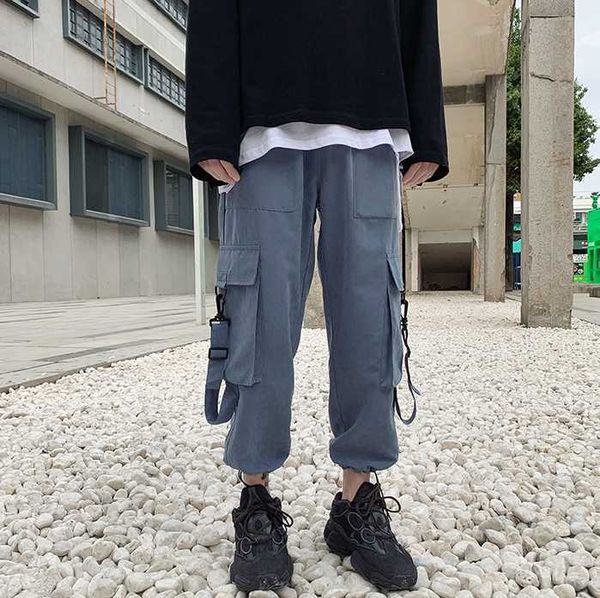 

drawstring casual pants men's harajuku multi-pocket cotton overalls men jogging streetwear running hip hop sweatpants mens, Black