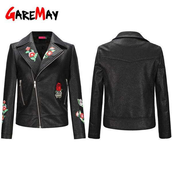 Frauen Blumendruck Stickerei Kunstleder Jacke Mantel Umlegekragen Casual Pu Motorrad Schwarz Punk Oberbekleidung Plus Größe 210428