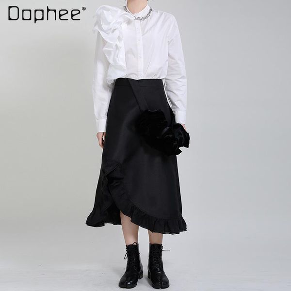 

skirts 2021 spring irregular stitching three-dimensional decorative lace detachable long skirt women elegant black