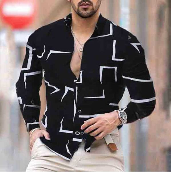 

men's casual shirts 2021 autumn mens slim turn-down collar digital printing button long sleeve men clothing fashion streetwear, White;black