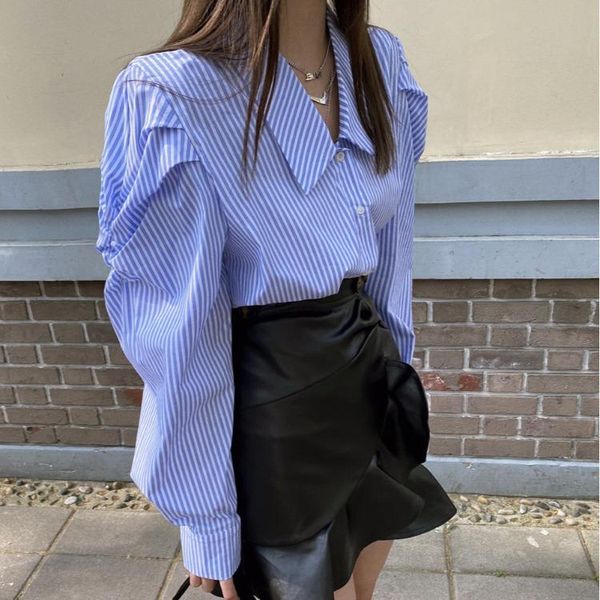 

women's blouses & shirts hong kong style puff sleeve striped blousewomen 2021 autumn korean loose versatile design long-sleeved blouse, White