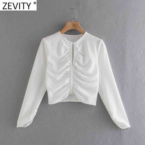 

zevity women o neck pleated short slim smock blouse female chic front hole white cropped shirt brand blusas ls9118 210419