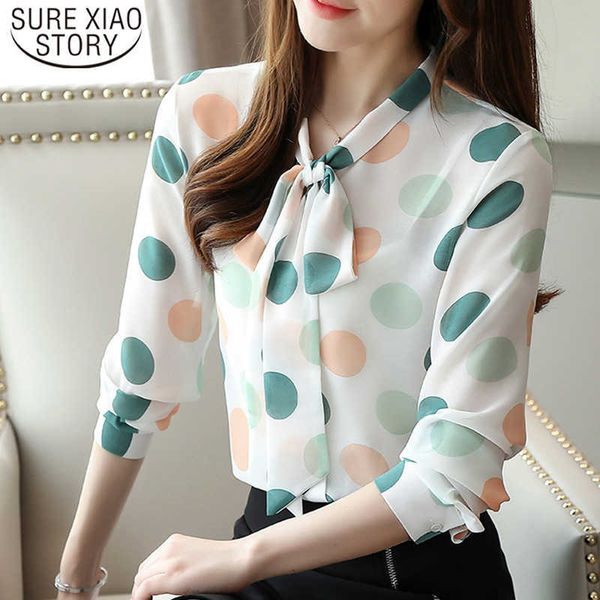 

spring vintage casual fashion long sleeve polka dot blouse women elegant spring shirt loose chiffon shirt women 7187 50 210527, White