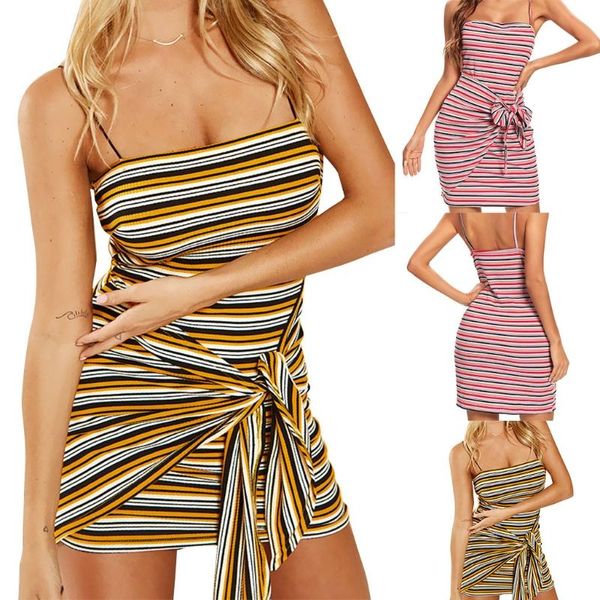 

casual dresses women summer spaghetti strap multicolor striped knitted bodycon mini sling dress irregular tie waist beach clubwear 1pc, Black;gray