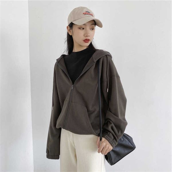 

elastic cuff leisure solid color zipper women's sweatshirts vintage loose hooded female casual jacket 210607, Black