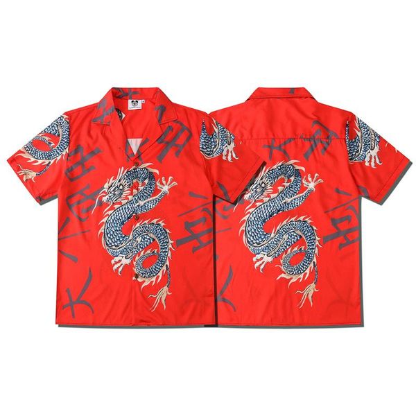 

men's casual shirts men and women couple clothes brand chinese dragon digital printing fold-down collar short sleeve shirt, White;black