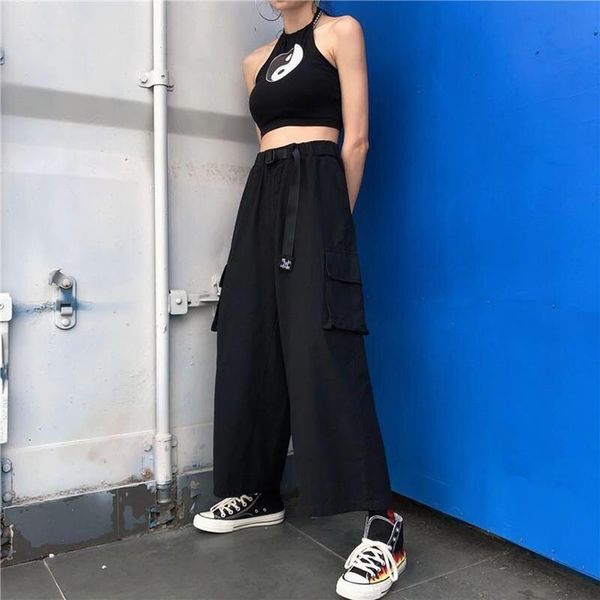 

women's pants & capris women fashion plus size korean harem 2021 female casual loose wide leg elastic waist streetwear y2k trousers s-3, Black;white
