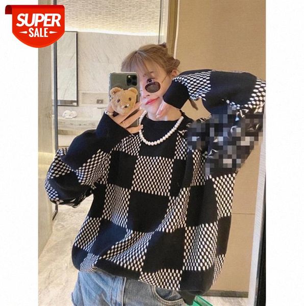 

lattice style logo letter jacquard skin-friendly sweater loose female hong kong hair #pn39, Black;gray