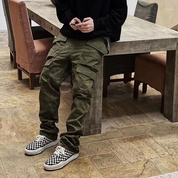 

men's pants harajuku multi-pockets straight flare mens high street elastic waist solid loose casual cargo hip hop baggy trousers1, Black