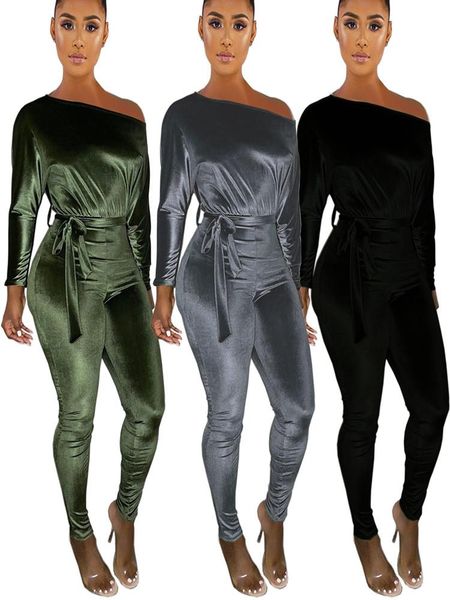 

women's jumpsuits & rompers 2021 spring velvet jumpsuit long sleeve slash neck full length skinny romper women overalls, Black;white