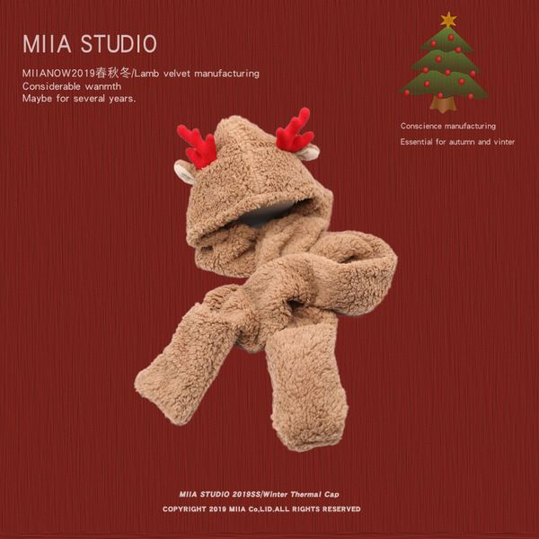 

christmas gift winter lamb hair lovely elk horn scarf gloves integrated warm ear protection hat, Blue;gray