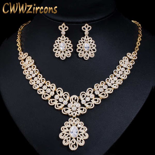 

cwwzircons nigerian cubic zirconia big wedding necklace and earrings luxury dubai yellow gold jewelry sets for women t130 h1022, Silver
