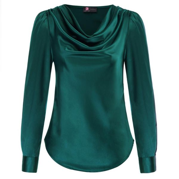 

kate kasin women blouses draped neck satin blouse comfy long puffed sleeves curved hem solid elegant shirts autumn winter women's &, White