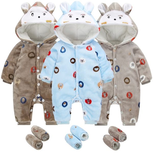 Winter Schnee Baby Dicke Outfits Kleidung Neugeborene Jacken Hoodies Fleece Jungen Strampler + Schuh Sets Bunny Kostüm Vorzeitige Windeln 210413