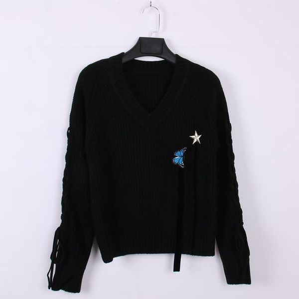 

runway lace up sleeve knitted sweater women v-neck pullovers female autumn butterfly embroidery star jumper winter pull femme women's s, White;black