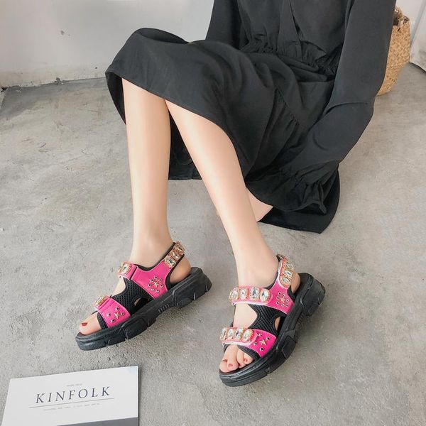 

sandals sweet big rhinestone sport women summer platform shoes open toe thick sole beach 20211, Black