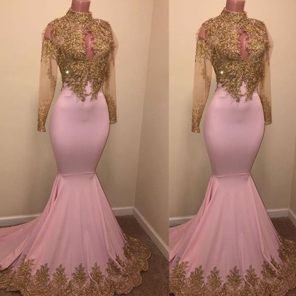 

modest luxury golden lace applique pink prom dresses high neck long sleeves mermaid sweep train party gown evening gowns robe de soiree, Black