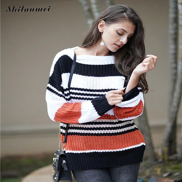 

women's sweaters loose o neck knitted jumpers autumn contrast color women sweater casual 2021 long sleeve striped pullovers streetwear, White;black