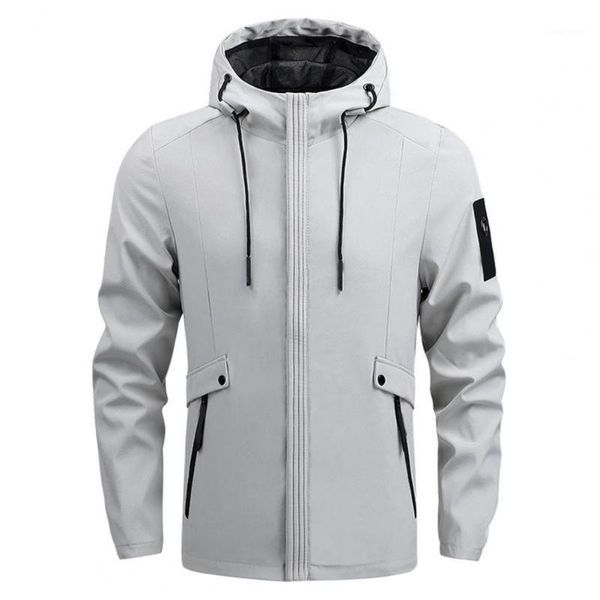 

men's jackets zipper closure long sleeve men windbreaker multi pockets hooded drawstring solid color jacket coat outerwear, Black;brown