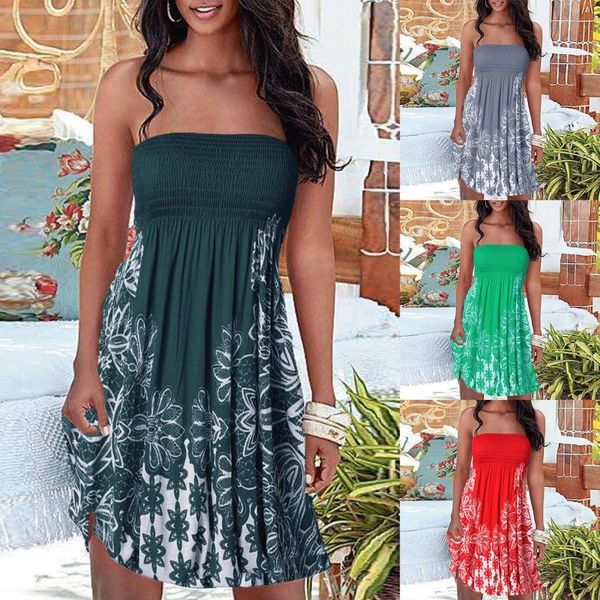 

casual dresses vintage print off shoulder strapless dress 2021 summer women loose high waist vestidos boho beach festa, Black;gray