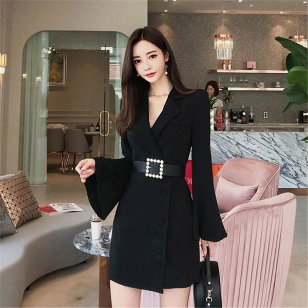 

korean style autumn winter office lady temperament v-neck long sleeve dress fashion black ol work mini ladies clothing casual dresses, Black;gray