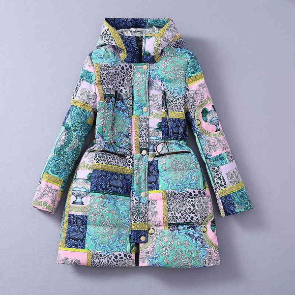 

european and american women's wear winter style long-sleeved hooded court retro print fashion warm down jacket qf4a, Black