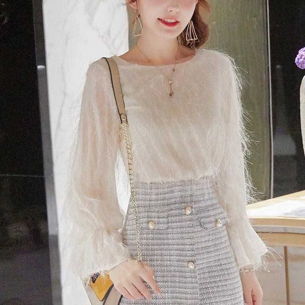 

women blouses chiffon shirt long sleeve lace fashion bottoming 210601, White