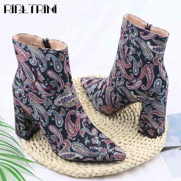 

boots Elegant Pointed Toe Shoes Fashion Brand mixed-color Print Ankle Women High Hoof Heels Boots, Blue