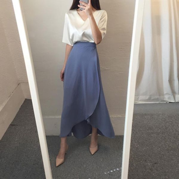 

skirts women summer elastic high waist long skirt ladies irregular length blue jupe longue femme drape slim faldas mujer spodnica, Black