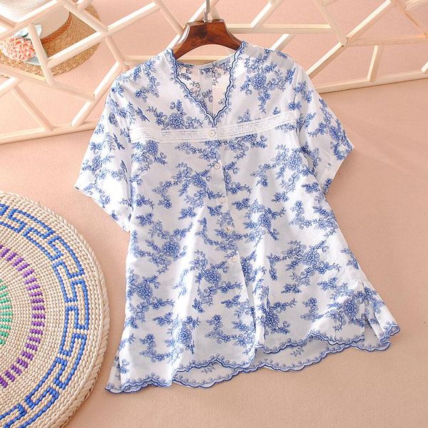 

women's blouses & shirts vanovich short sleeve summer 2021 fashion cotton and woen sweet wild v-neck women clothing, White